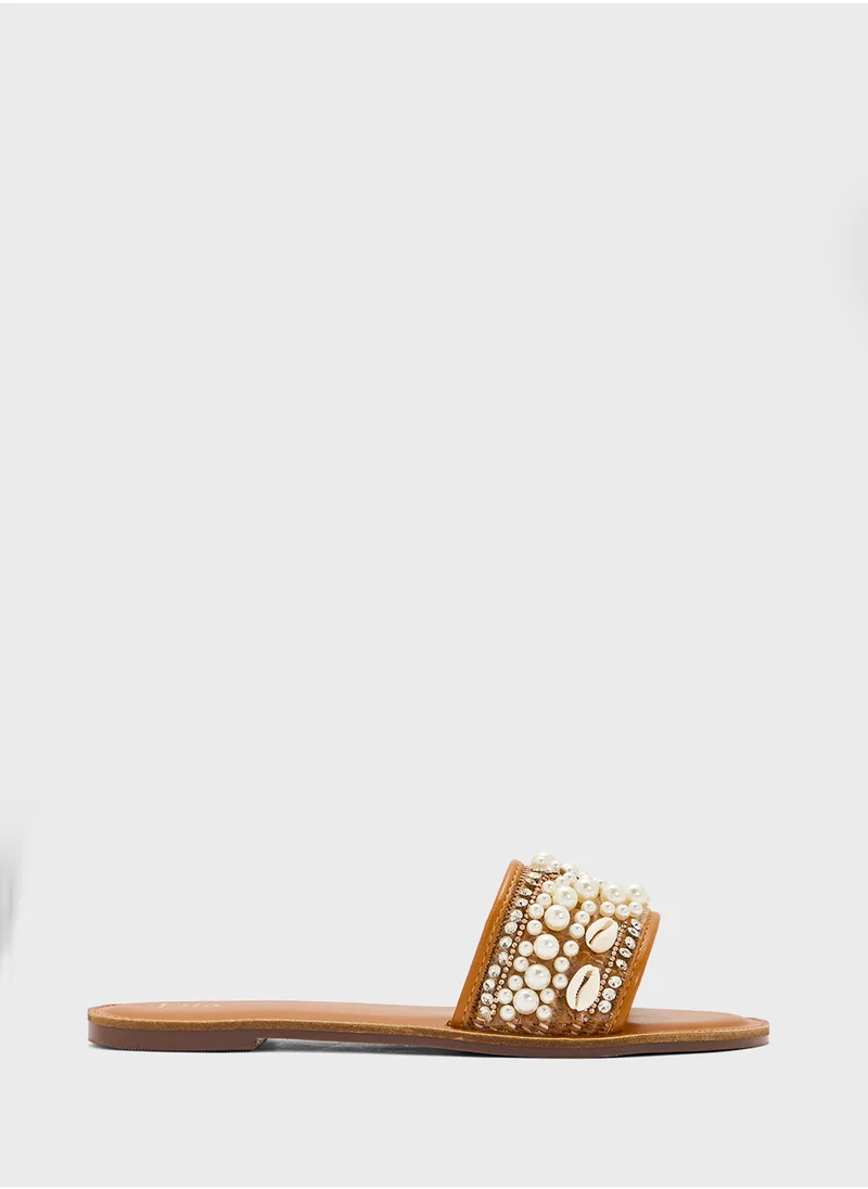 ايلا Flat Sandal With Pearl Strap