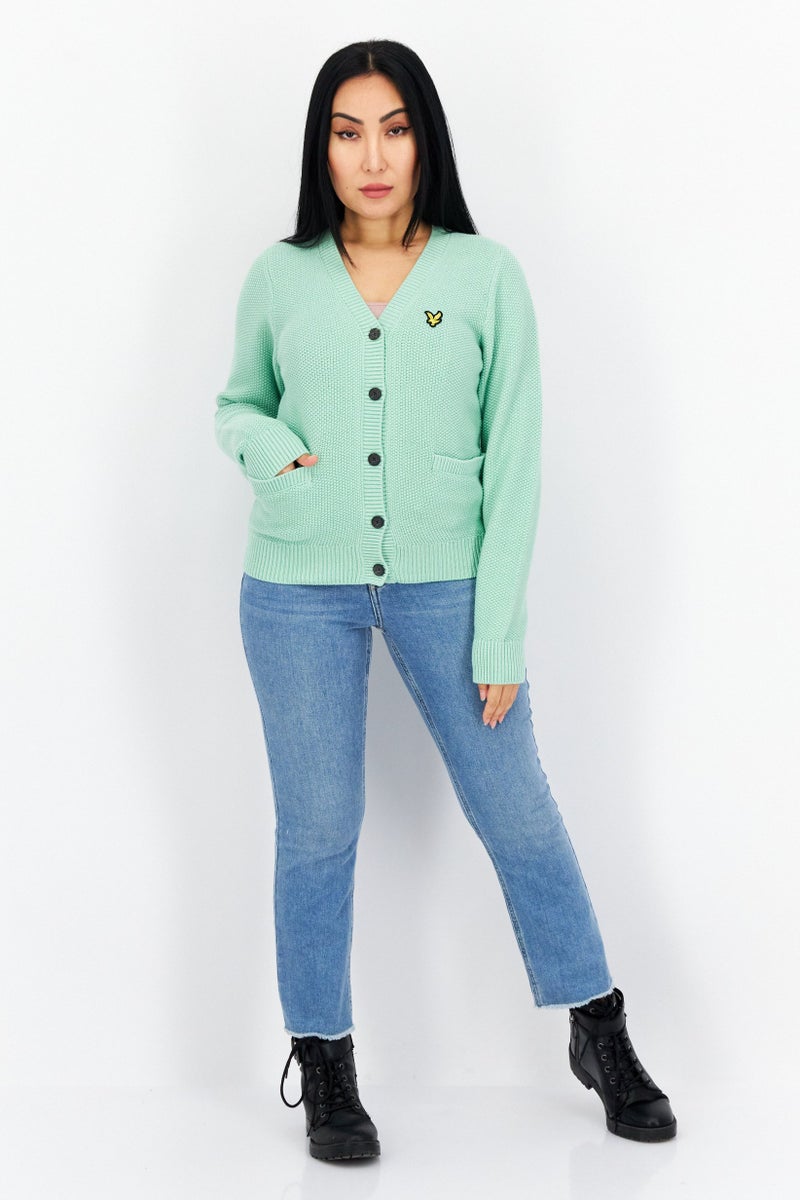 Lyle & Scott Women V-Neck Long Sleeve Embroidered Logo Cardigans, Pale Teal  - Image 2