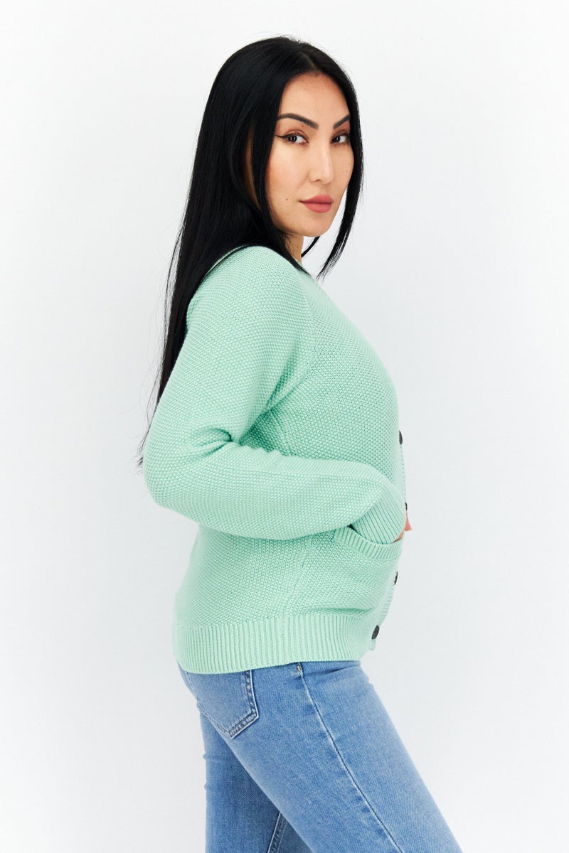 Lyle & Scott Women V-Neck Long Sleeve Embroidered Logo Cardigans, Pale Teal  - Image 3