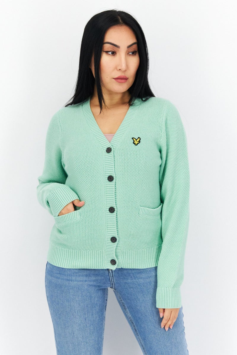 Lyle & Scott Women V-Neck Long Sleeve Embroidered Logo Cardigans, Pale Teal  - Image 1