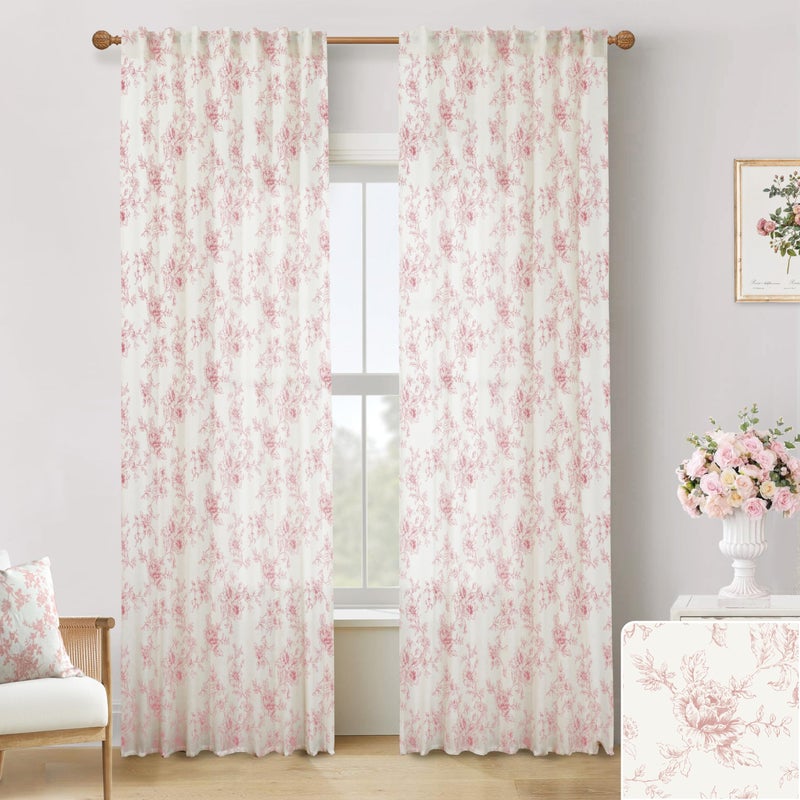 Lino Rosa Pink Curtains for Nursery Girls Bedroom,French Country Sheer Blush Floral Victorian Toile Whimsical Pastel Dusty Rose Cottagecore Elegant Linen Curtains for Living Room Baby Kid 96 In Long 2 Panel Set - Image 1