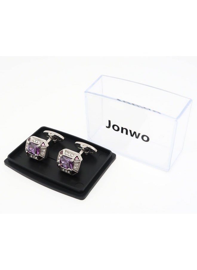 Jonwo Rectangle Crystal Silver Tone Cufflinks For Men Purplebluetransparent Crystals Men'S Cuff Link Set For Wedding Shirt Party Business Birthday Anniversary Dress (Purple Crystal)  - Image 4