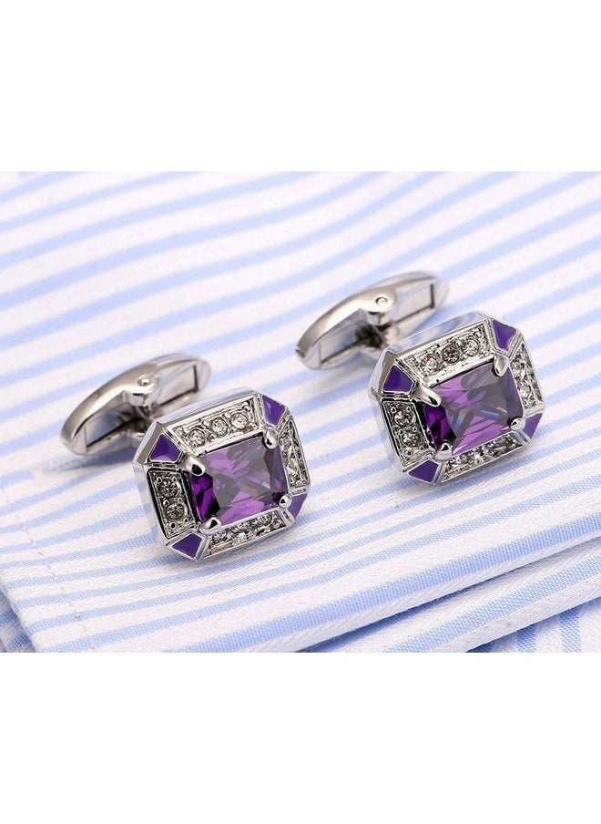 Jonwo Rectangle Crystal Silver Tone Cufflinks For Men Purplebluetransparent Crystals Men'S Cuff Link Set For Wedding Shirt Party Business Birthday Anniversary Dress (Purple Crystal)  - Image 2