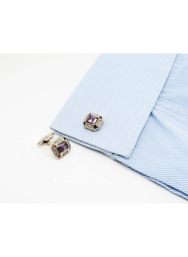 Jonwo Rectangle Crystal Silver Tone Cufflinks For Men Purplebluetransparent Crystals Men'S Cuff Link Set For Wedding Shirt Party Business Birthday Anniversary Dress (Purple Crystal)  - Image 5