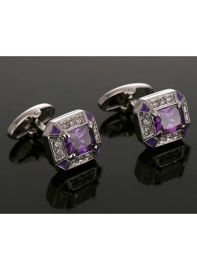 Jonwo Rectangle Crystal Silver Tone Cufflinks For Men Purplebluetransparent Crystals Men'S Cuff Link Set For Wedding Shirt Party Business Birthday Anniversary Dress (Purple Crystal)  - Image 3