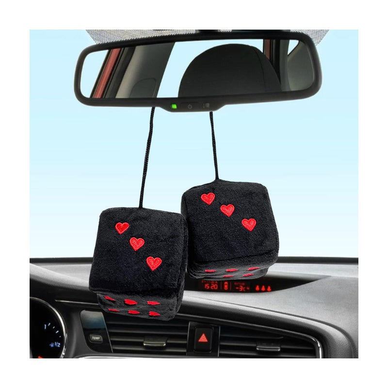 Yourkar 2 PCS Fuzzy Plush Dice for Car Rearview Mirror 3 Retro Square HeartShape Dice Mirror Hanging Ornament Universal Interior Hanging Dice Decor Accessories for Men Women Black Red - Image 3