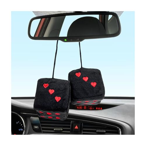 Yourkar 2 PCS Fuzzy Plush Dice for Car Rearview Mirror 3 Retro Square HeartShape Dice Mirror Hanging Ornament Universal Interior Hanging Dice Decor Accessories for Men Women Black Red - Image 1