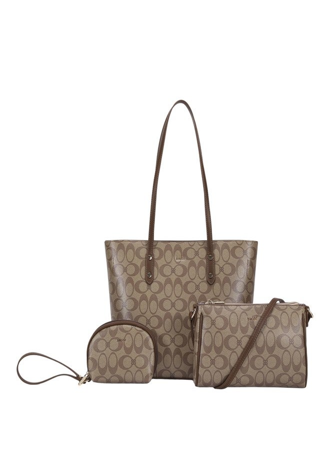 BAGCO Women’s Signature Tote Handbag with Matching Pouch & Crossbody - Large Capacity PU Leather Shoulder Bag for Office, Travel & Everyday Use - Designer Printed Pattern (Beige) - Image 4