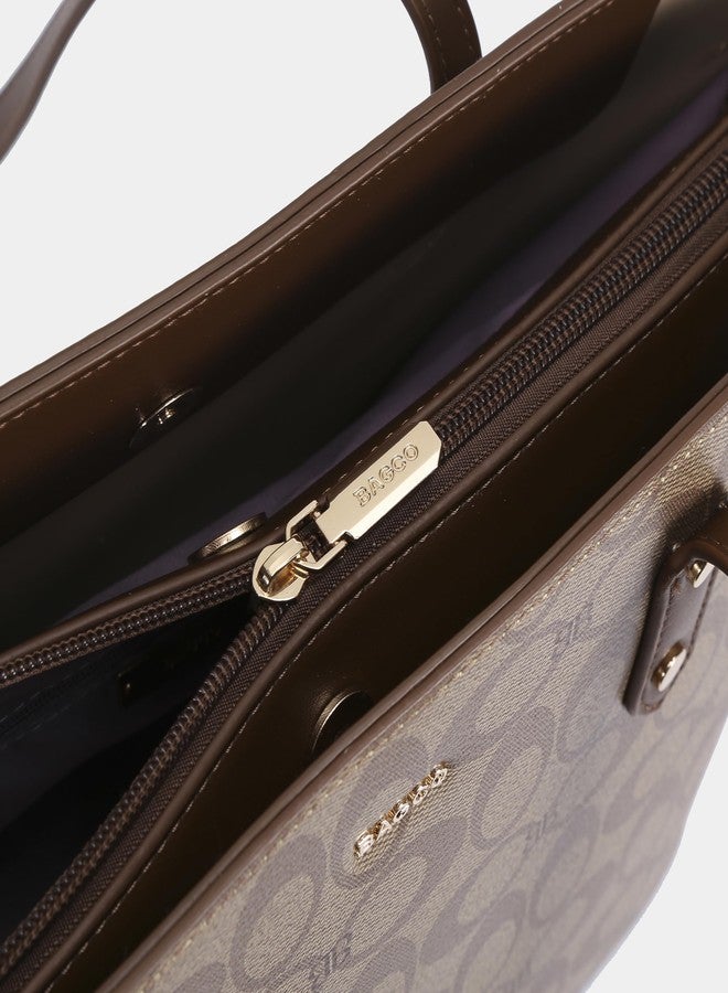 BAGCO Women’s Signature Tote Handbag with Matching Pouch & Crossbody - Large Capacity PU Leather Shoulder Bag for Office, Travel & Everyday Use - Designer Printed Pattern (Beige) - Image 2