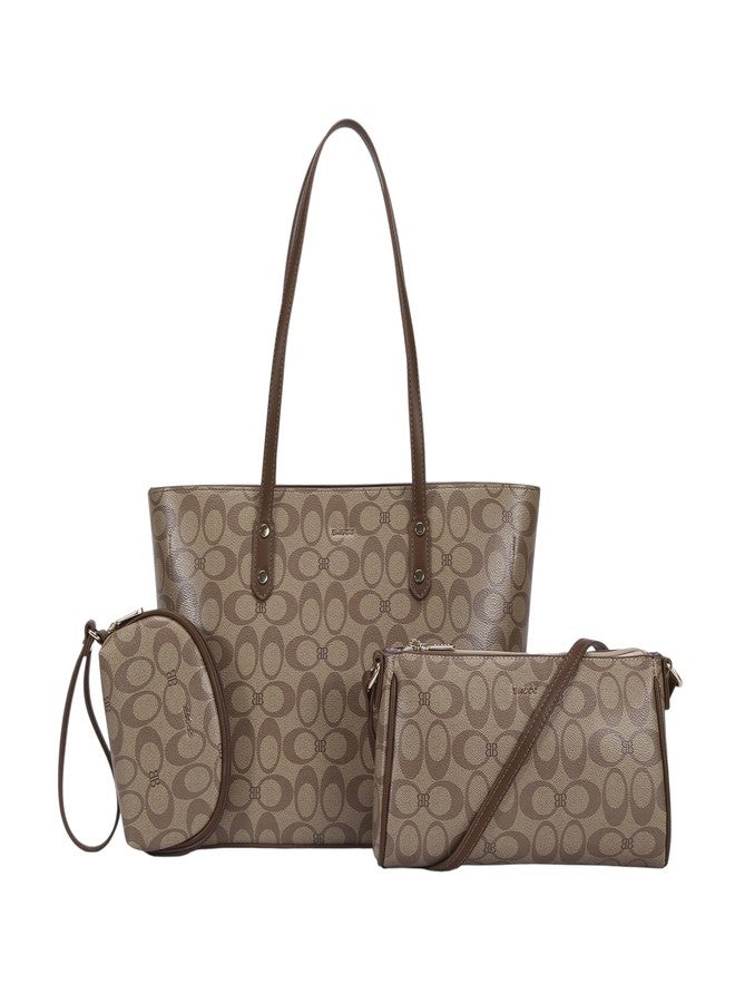 BAGCO Women’s Signature Tote Handbag with Matching Pouch & Crossbody - Large Capacity PU Leather Shoulder Bag for Office, Travel & Everyday Use - Designer Printed Pattern (Beige) - Image 1