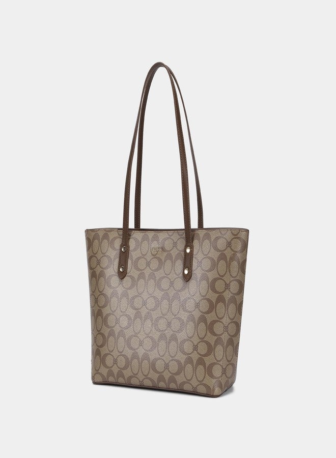 BAGCO Women’s Signature Tote Handbag with Matching Pouch & Crossbody - Large Capacity PU Leather Shoulder Bag for Office, Travel & Everyday Use - Designer Printed Pattern (Beige) - Image 5