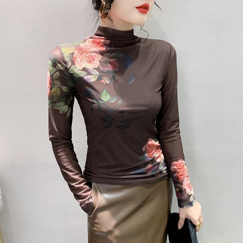 European 2023 autumn new high collar long sleeve mesh positioning printed T-shirt women's fashion slim bottoming shirt fashion - Image 1