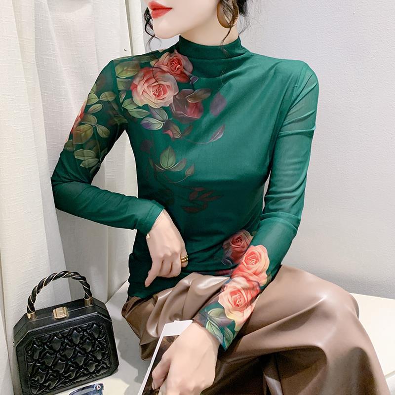 European 2023 autumn new high collar long sleeve mesh positioning printed T-shirt women's fashion slim bottoming shirt fashion - Image 4