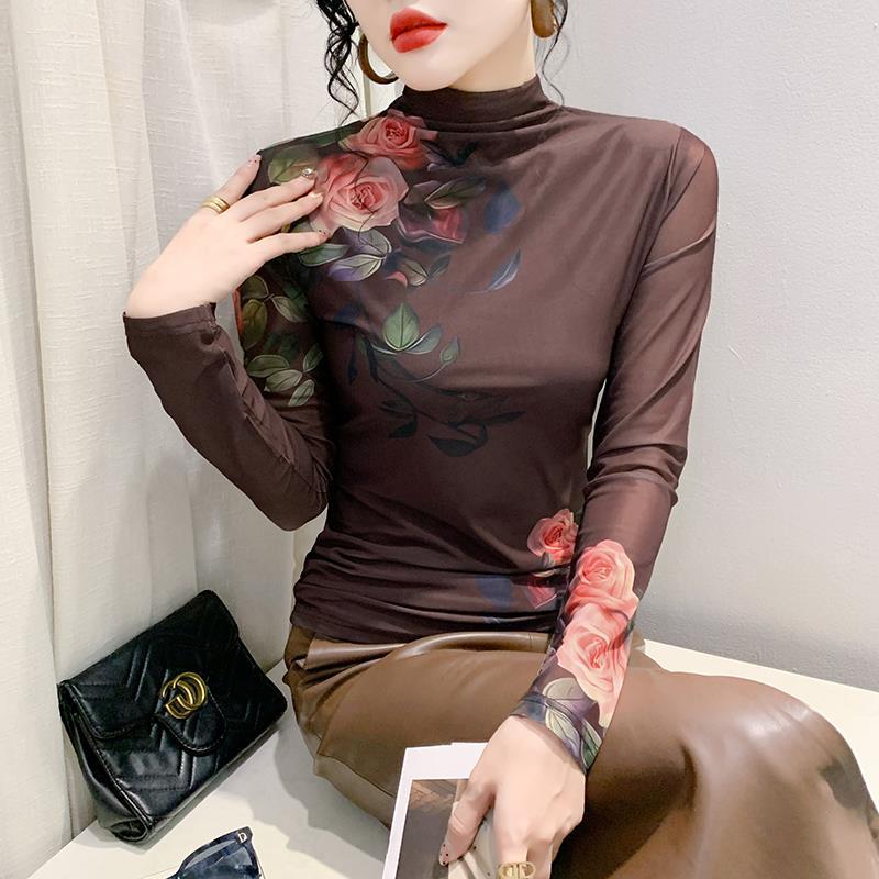 European 2023 autumn new high collar long sleeve mesh positioning printed T-shirt women's fashion slim bottoming shirt fashion - Image 3