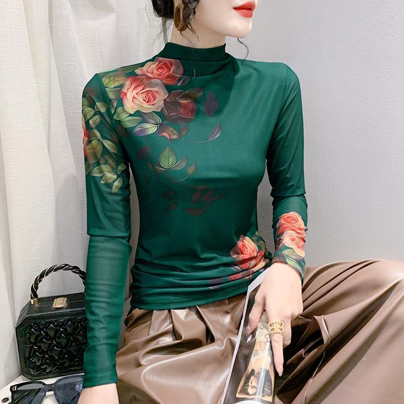 European 2023 autumn new high collar long sleeve mesh positioning printed T-shirt women's fashion slim bottoming shirt fashion - Image 2