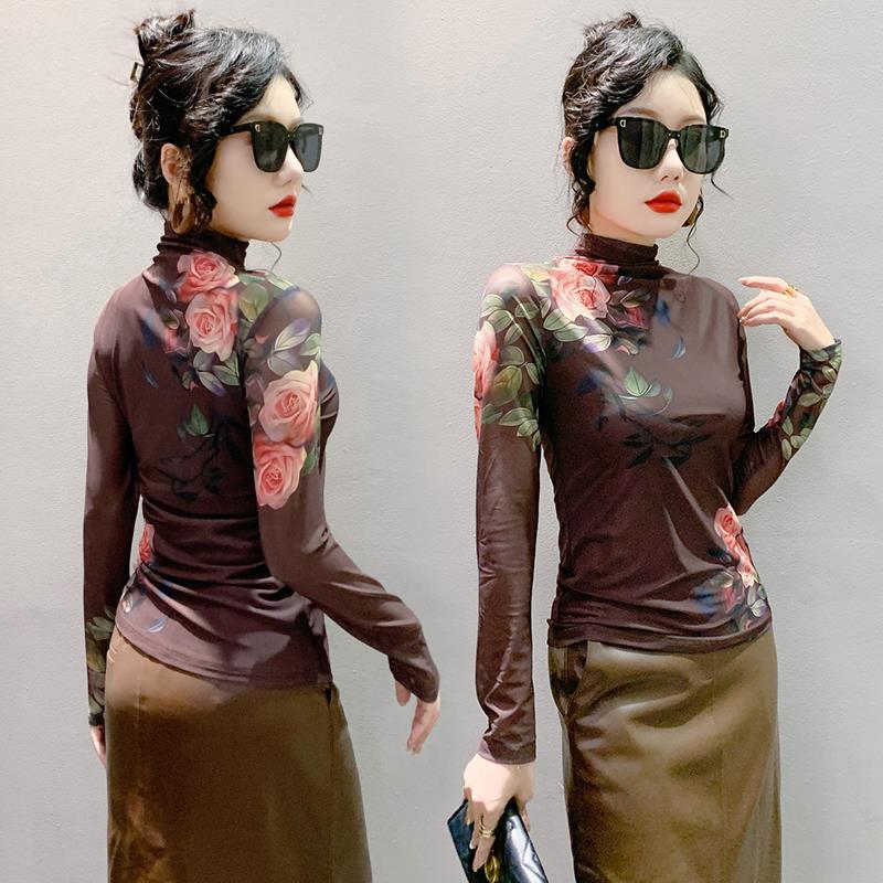 European 2023 autumn new high collar long sleeve mesh positioning printed T-shirt women's fashion slim bottoming shirt fashion - Image 5