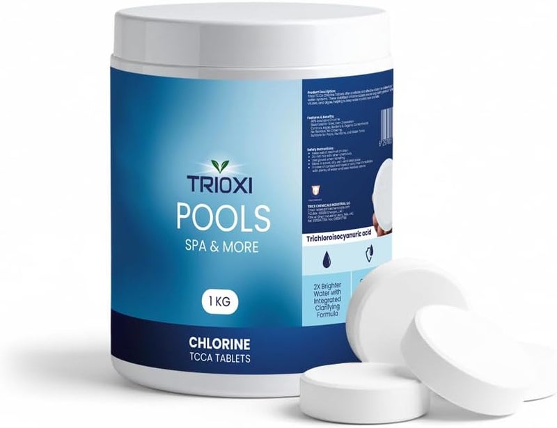 TRIOXI TCCA 90% Chlorine Tablets – Effective Algae Control, Disinfection for Swimming Pools & Water Treatment 1KG - Image 1