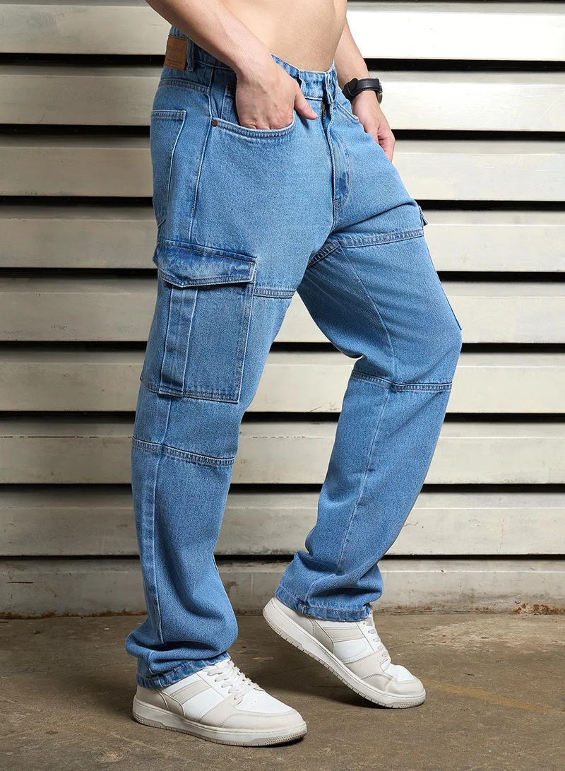 HIGH STAR Men's Indigo 100% Cotton Bleached Full Length Straight Fit Jeans