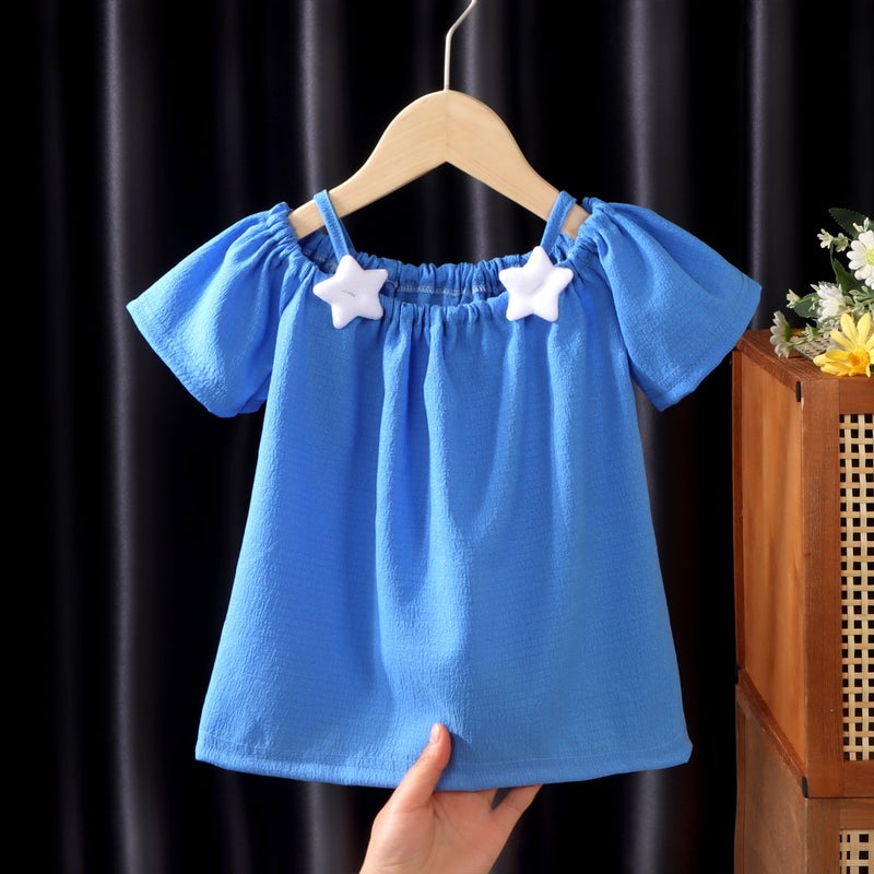 Girls' Short-Sleeved T-Shirt Summer Baby Girls' Off-Shoulder Strap Fashionable Western Style Top For Infants And Children - Image 1