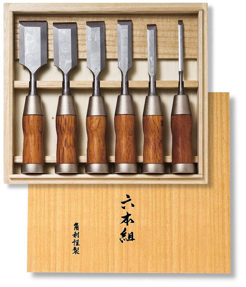 KAKURI Japanese Wood Chisel Set Damascus 6 Piece for Woodworking Aogami Blue Steel No2 Blade Made in Japan Japanese Western Mixed Style