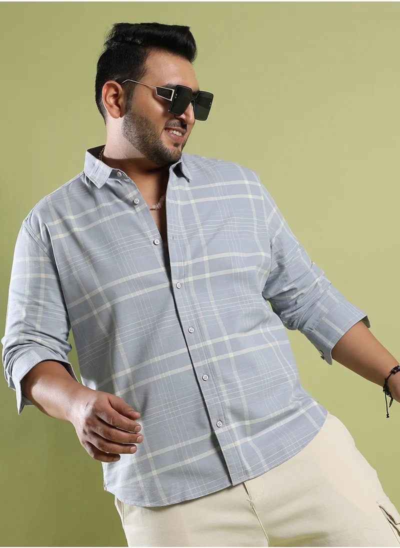 Instafab Plus Instafab Plus Men's Light Grey Contrast Tartan Plaid Shirt For Casual Wear | Spread Collar | Long Sleeve | Button Closure | Cotton Shirt Crafted With Comfort Fit For Everyday Wear