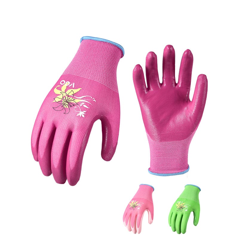 Vgo... 3Pairs Ladies' Nitrile Coating Gardening and Work Gloves (Size S, Green & Pink & Purple, NT2110) - Image 1