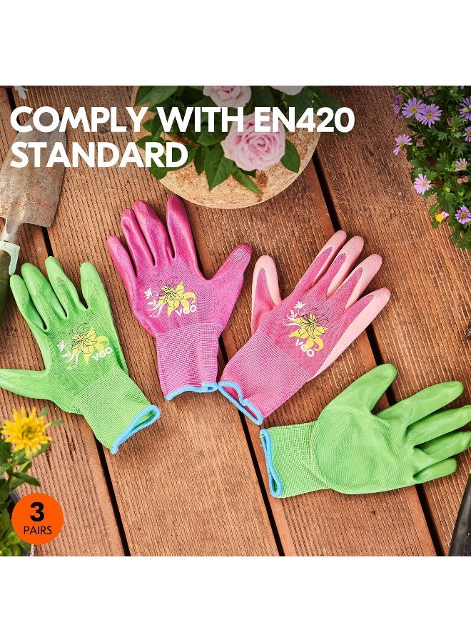Vgo... 3Pairs Ladies' Nitrile Coating Gardening and Work Gloves (Size S, Green & Pink & Purple, NT2110) - Image 2