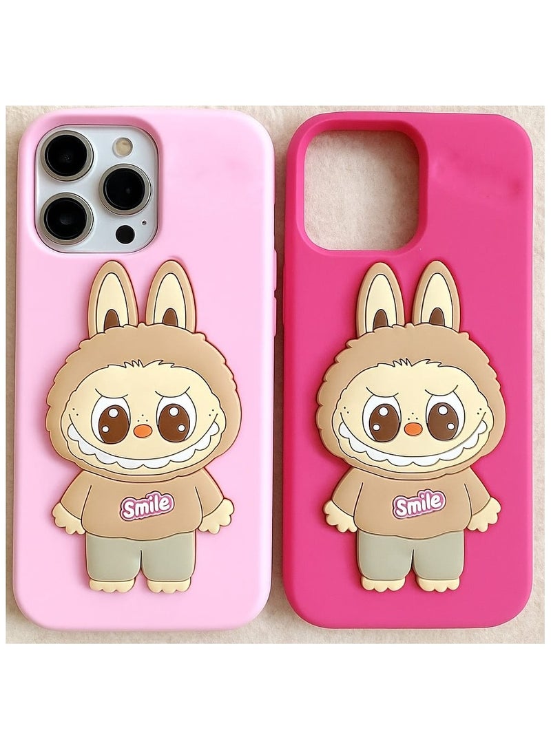 كايس كلوب غطاء حماية بتصميم أرنب ثلاثي الأبعاد لهاتف آيفون 15 برو - طقم من قطعتين (وردي وزهري فاقع) - غطاء سيليكون مقاوم للصدمات بتصميم كاواي جذاب للفتيات والمراهقات - Image 1