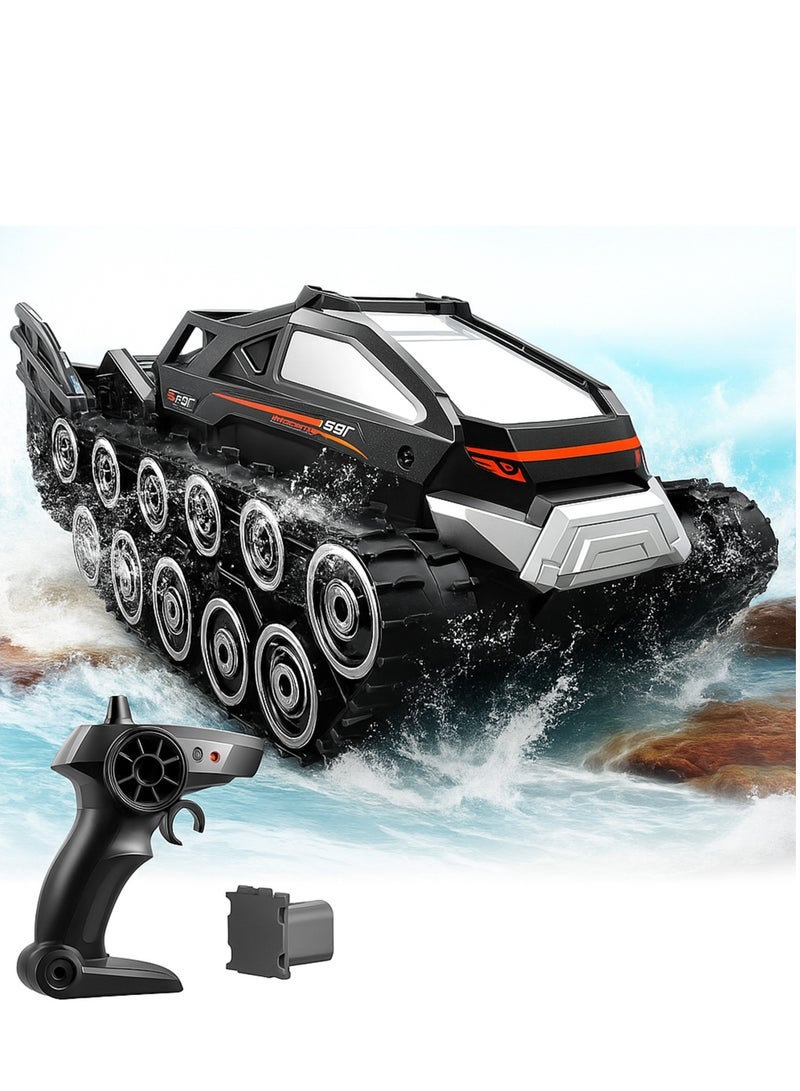 مشاريع تعز سيارة برمائية للتحكم عن بعد ، شاحنة وحش 4WD RC مقاومة للماء 2.4 جيجا هرتز لجميع التضاريس سيارة قارب على الطرق الوعرة ، 360 ألعاب مجنزرة دبابة دوارة للأطفال الأولاد والبنات سن 6 7 8 9 10 11 12 هدايا عيد ميلاد ، أسود - Image 1