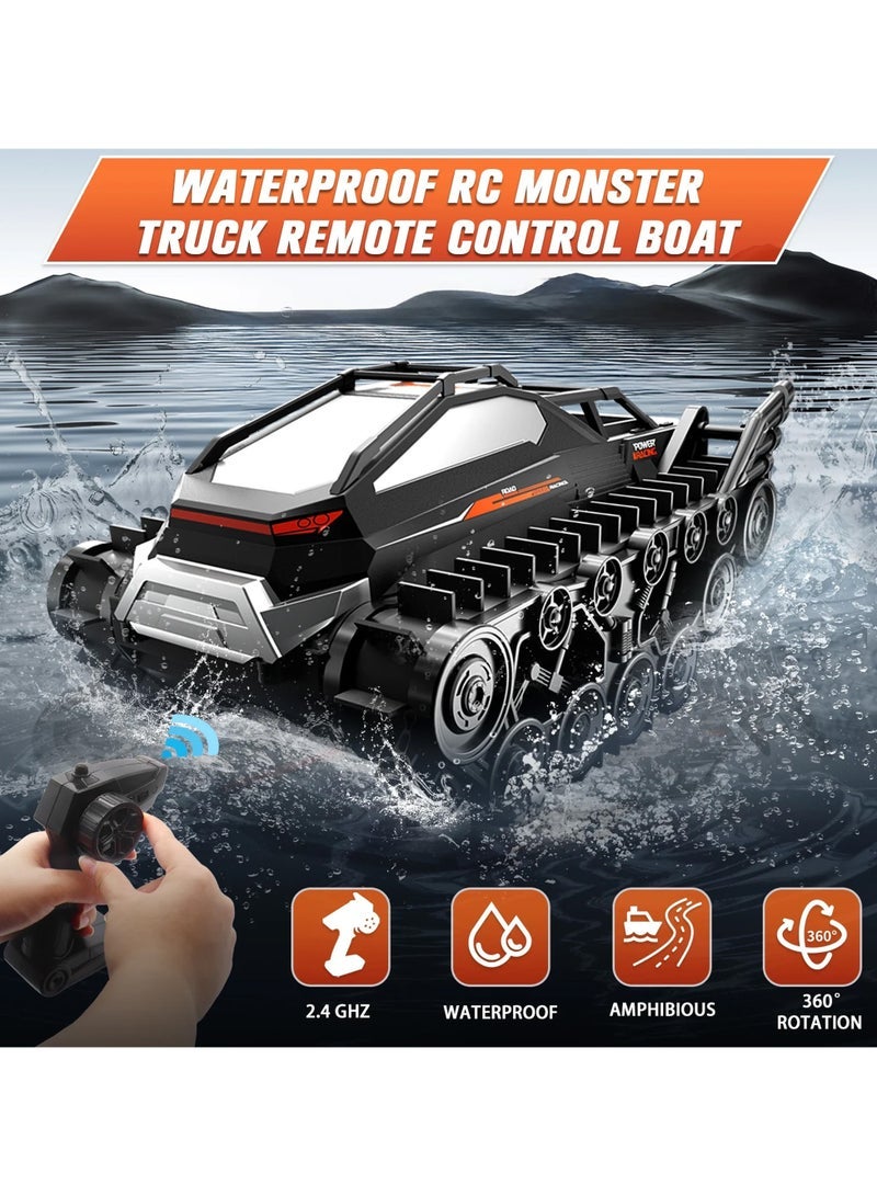 مشاريع تعز سيارة برمائية للتحكم عن بعد ، شاحنة وحش 4WD RC مقاومة للماء 2.4 جيجا هرتز لجميع التضاريس سيارة قارب على الطرق الوعرة ، 360 ألعاب مجنزرة دبابة دوارة للأطفال الأولاد والبنات سن 6 7 8 9 10 11 12 هدايا عيد ميلاد ، أسود - Image 2