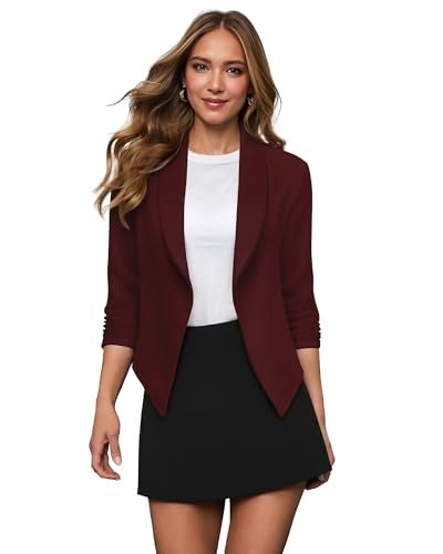 Hybrid & Company Lightweight Open Front Cardigan Classic Ruched Sleeve Work Office Blazer Suit Jackets JK1133 Wine XLarge - Image 1