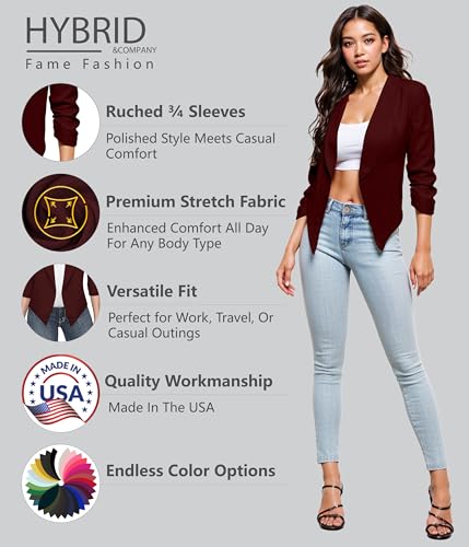 Hybrid & Company Lightweight Open Front Cardigan Classic Ruched Sleeve Work Office Blazer Suit Jackets JK1133 Wine XLarge - Image 3