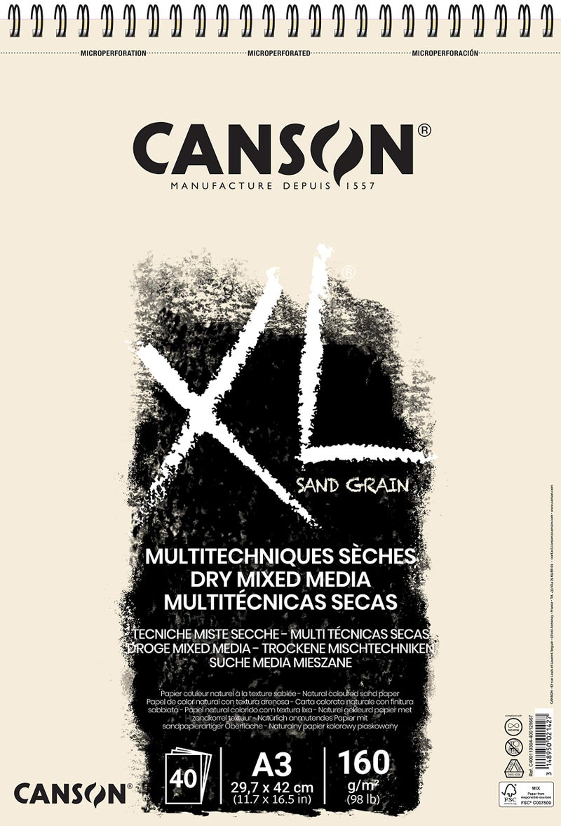 دفتر كانسون XL ورق وسائط مختلطة جاف حبيبات رملية 160 جرام A3 بتشطيب رملي 40 ورقة طبيعية من الجانب القصير مثالي للفنانين المحترفين والرسامين