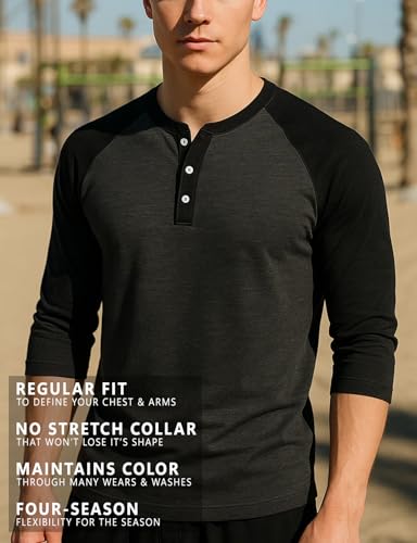H2H Men's Casual Henley Raglan Baseball Jersey Knit T-Shirt with 3/4 Sleeve and Front Placket CHARCOALBLACK US XL/Asia 2XL (CMTTS0174) - Image 5