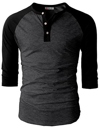 H2H Men's Casual Henley Raglan Baseball Jersey Knit T-Shirt with 3/4 Sleeve and Front Placket CHARCOALBLACK US XL/Asia 2XL (CMTTS0174) - Image 1
