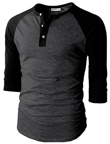 H2H Men's Casual Henley Raglan Baseball Jersey Knit T-Shirt with 3/4 Sleeve and Front Placket CHARCOALBLACK US XL/Asia 2XL (CMTTS0174) - Image 2