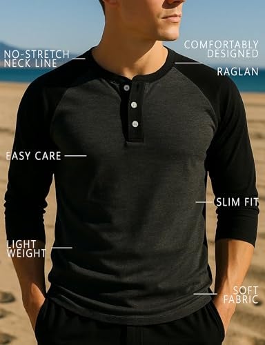 H2H Men's Casual Henley Raglan Baseball Jersey Knit T-Shirt with 3/4 Sleeve and Front Placket CHARCOALBLACK US XL/Asia 2XL (CMTTS0174) - Image 4