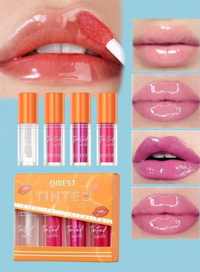 QiBest 4 Colors Tinted Lip Oil Moisturizing Hydrating Lip Glow Oil Big Brush Head Moisturizing Lip Gloss Shiny Transparent Lip Gloss Plumping Clear Tint Shiny and Vegan Moisturizing Lip Plumper 01 - Image 1