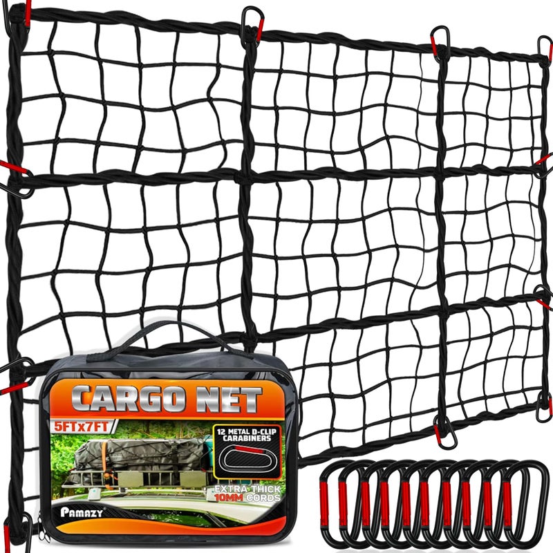 Premium 5x7 Heavy Duty Cargo Net Stretches to 10 x 14 Extra Thick 10mm Cord Bungee Cargo Netting for Pickup Truck Bed Roof Rack Net 12 PCS Steel Carabiners