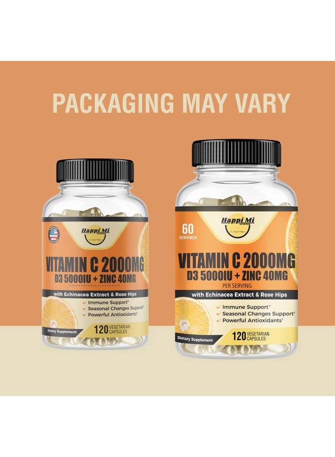 Happi Mi Nutrition فيتامين سي 2000 ملغ، زنك 40 ملغ، فيتامين د3 5000 وحدة دولية، مستخلص الإخيناسيا، وردة الكلاب، دعم المناعة للبالغين والأطفال، معزز المناعة، 120 كبسولة نباتية، إمداد لمدة 60 يومًا، غير معدلة وراثيًا، بدون مواد حشو - Image 2