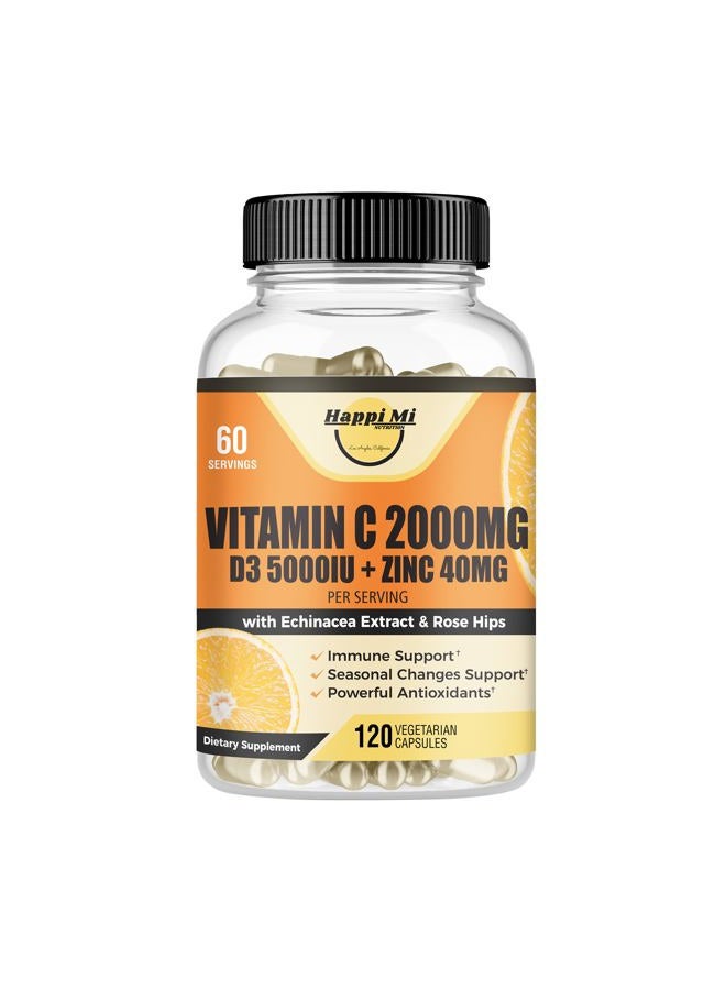 Happi Mi Nutrition فيتامين سي 2000 ملغ، زنك 40 ملغ، فيتامين د3 5000 وحدة دولية، مستخلص الإخيناسيا، وردة الكلاب، دعم المناعة للبالغين والأطفال، معزز المناعة، 120 كبسولة نباتية، إمداد لمدة 60 يومًا، غير معدلة وراثيًا، بدون مواد حشو - Image 1