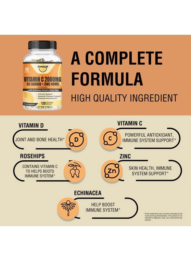 Happi Mi Nutrition فيتامين سي 2000 ملغ، زنك 40 ملغ، فيتامين د3 5000 وحدة دولية، مستخلص الإخيناسيا، وردة الكلاب، دعم المناعة للبالغين والأطفال، معزز المناعة، 120 كبسولة نباتية، إمداد لمدة 60 يومًا، غير معدلة وراثيًا، بدون مواد حشو - Image 4