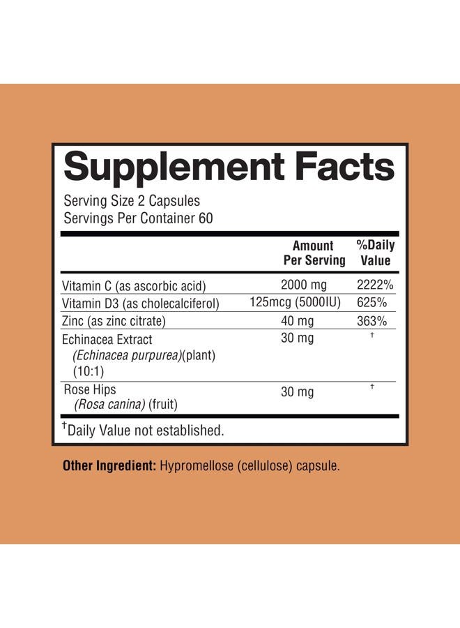 Happi Mi Nutrition فيتامين سي 2000 ملغ، زنك 40 ملغ، فيتامين د3 5000 وحدة دولية، مستخلص الإخيناسيا، وردة الكلاب، دعم المناعة للبالغين والأطفال، معزز المناعة، 120 كبسولة نباتية، إمداد لمدة 60 يومًا، غير معدلة وراثيًا، بدون مواد حشو - Image 3