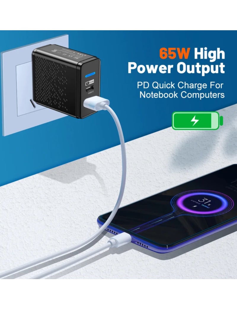 شاحن  سريع بقوة 65 واط PD و QC 3.0 لأجهزة التابلت والحاسوب  المحمول و آيفون 15 وسطح اللعب وسامسونج وهواوي ووان بلس  - منفذ USB-C ومنفذ USB-A واحد - اللون الاسود - Image 2