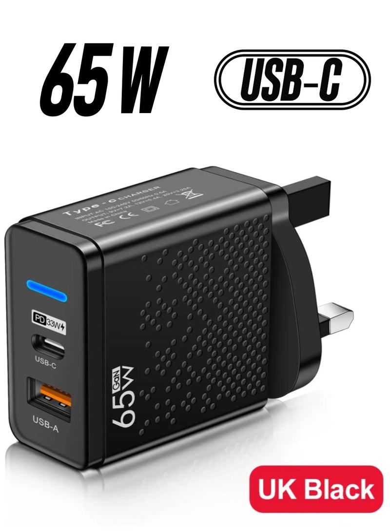 شاحن  سريع بقوة 65 واط PD و QC 3.0 لأجهزة التابلت والحاسوب  المحمول و آيفون 15 وسطح اللعب وسامسونج وهواوي ووان بلس  - منفذ USB-C ومنفذ USB-A واحد - اللون الاسود - Image 1