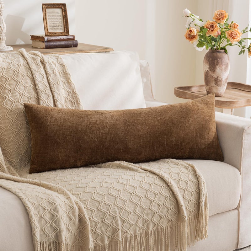 LIGICKY Lumbar Pillow Covers 14x36 Inch, Soft Textured Chenille Long Body Decorative Throw Pillow Cover Farmhouse Pillow Case for Couch Bedroom Sofa Cushion Decor, Brown (Cover ONLY, Pack of 1) - Image 1