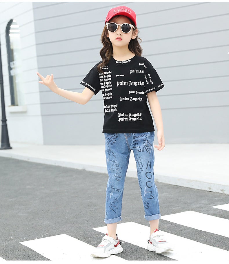 Girls Summer 2024 New Fashionable Internet Trendy Suit Big Childrens Summer Cross-border Girls Short-sleeved Two-piece Fashionable Suit Pants Print Set Black