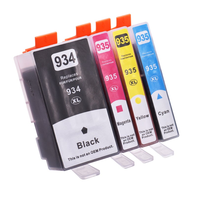 حاويات حبر متوافقة كبديل لأحجام 934 و935 و934XL و935XL العالية العائد، متوافقة مع طابعات HP Officejet Pro 6230 و6830 و6835 وOfficejet 6815 و6812 و6820 - باقة من 4 حاويات (1 أسود، 1 أزرق سماوي، 1 أرجواني، 1 أصفر) - Image 1