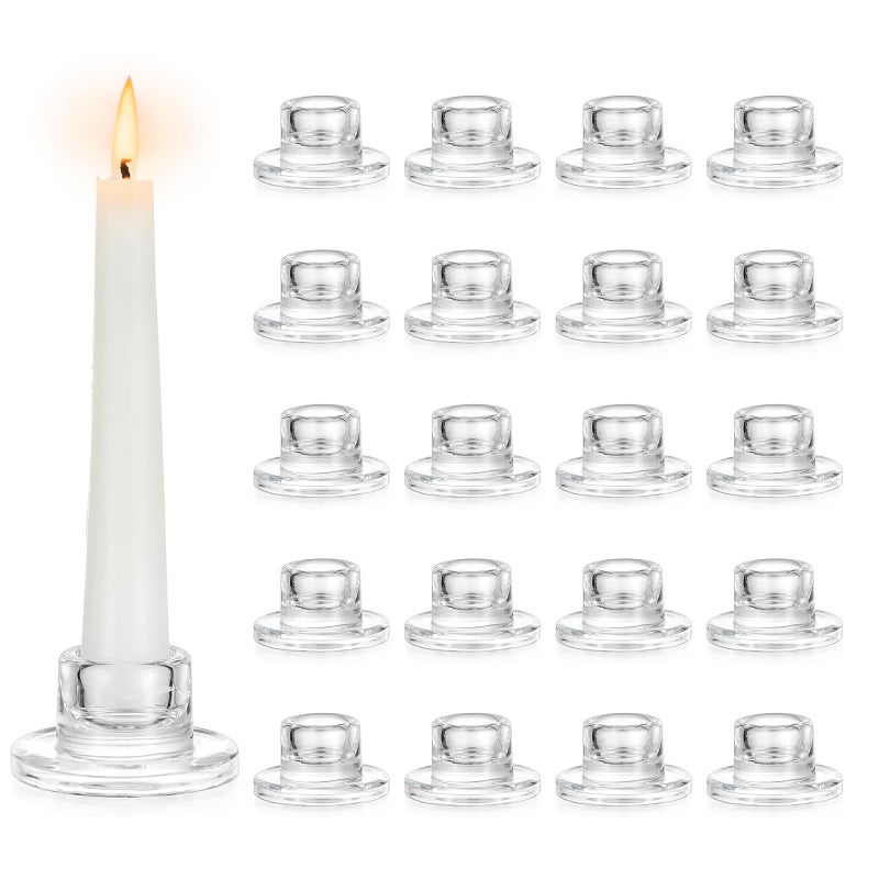 Hewory Glass Taper Candle Holders 20 PCS Candlestick Holders Clear Short Tapered Candle Holder Set  Candle Stick Holder Decor for Table Centerpiece Wedding Party Advent Christmas Home Decorations