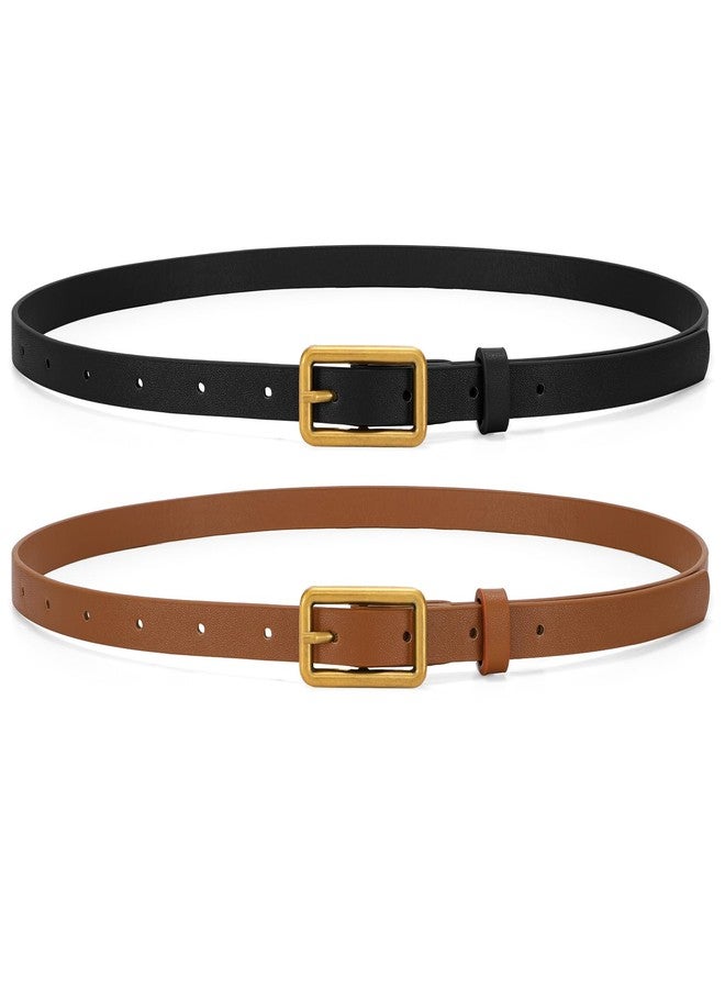 WHIPPY 2 Pack Women Skinny Leather Belts Ladies Thin Waist Belt for Jeans Pants Dresses Rectangle Retro Gold Buckle Black Belt, Black+Brown, XS - Image 1